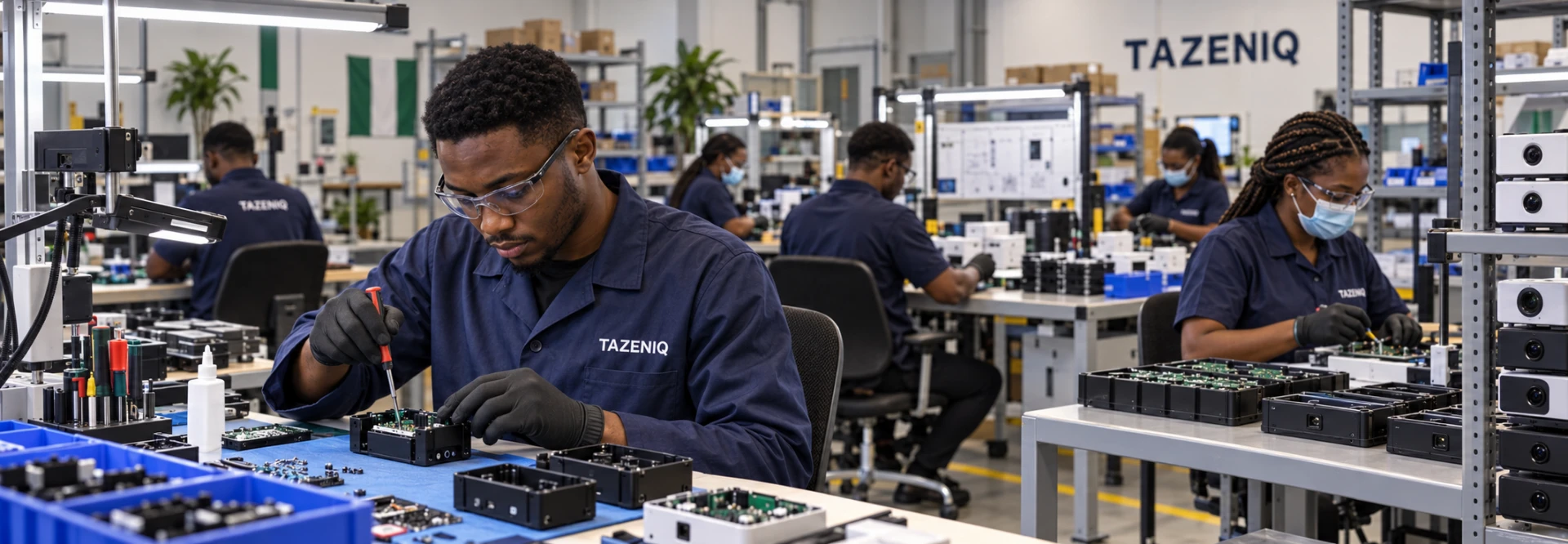Tazeniq technicians assembling small electronic devices at organised workbenches