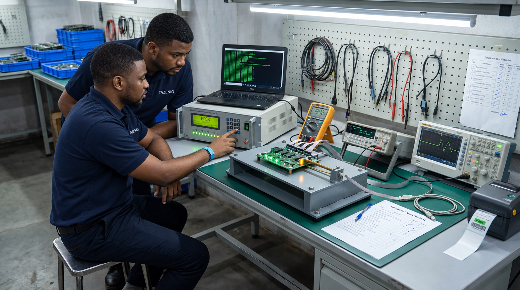 Two Tazeniq lab team members validating an electronics prototype with test instruments