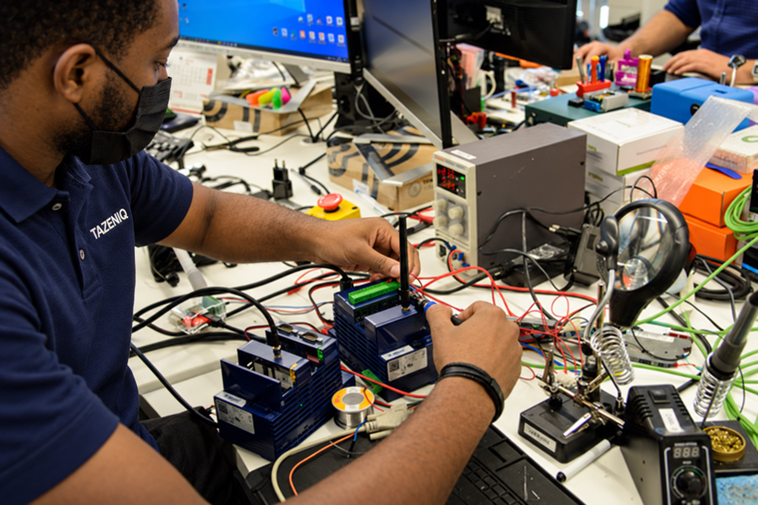 Tazeniq engineer wiring prototype electronics modules at a crowded lab bench