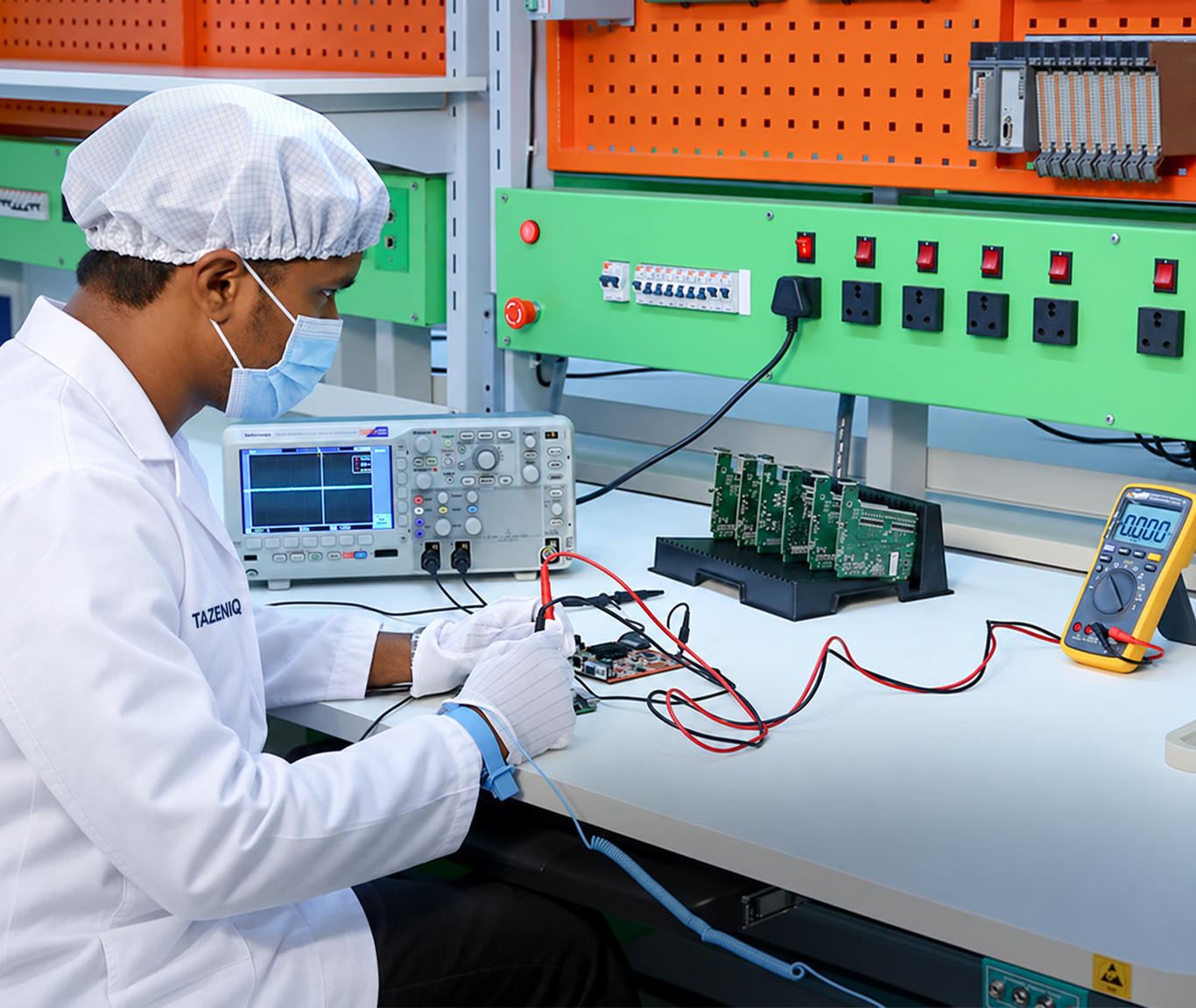 Tazeniq lab technician testing an electronics board with oscilloscope and multimeter equipment