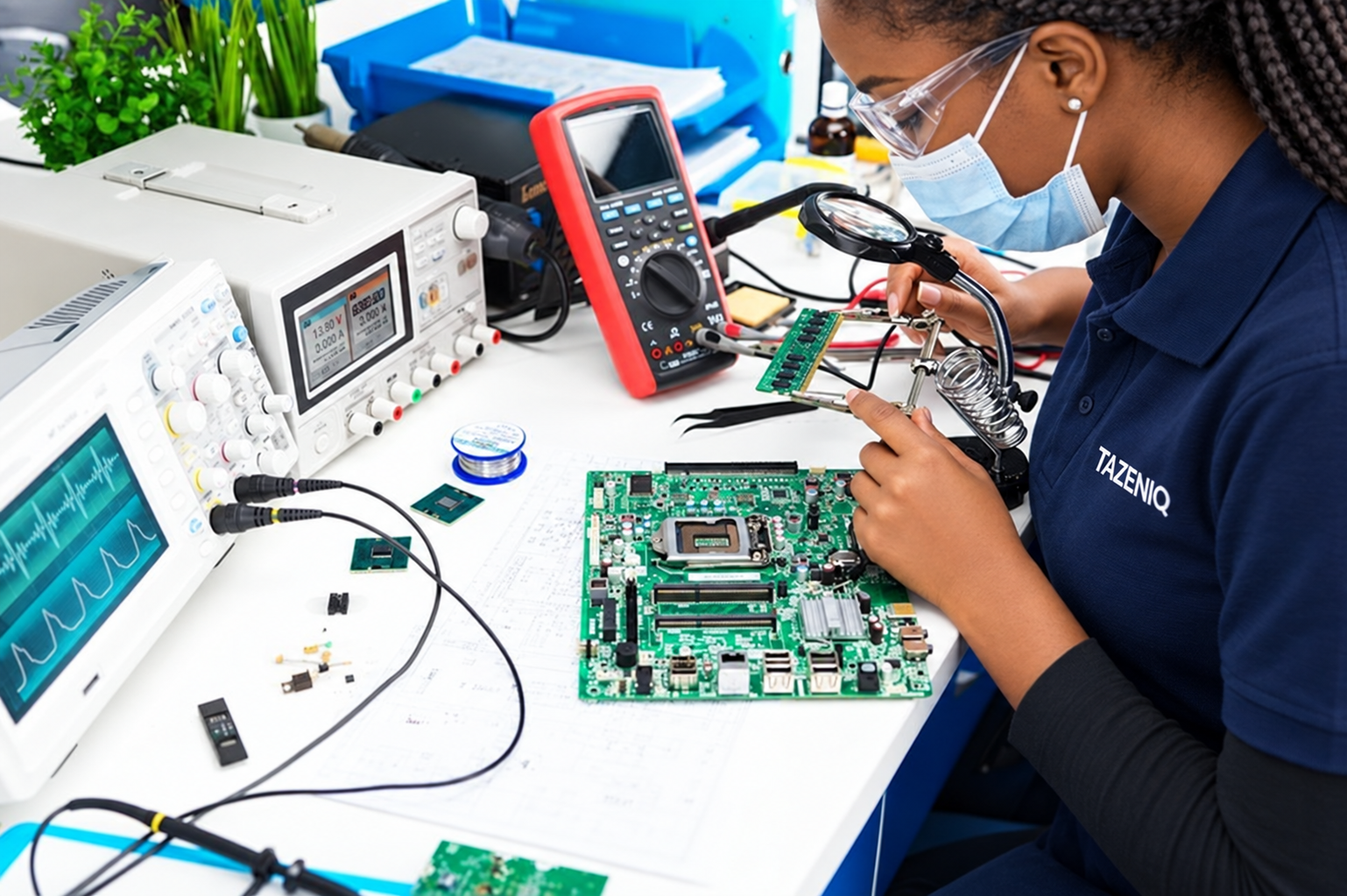 Tazeniq technician inspecting circuit boards with lab test equipment