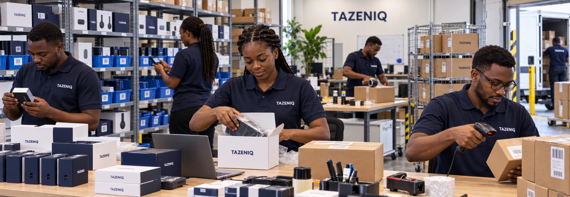 Tazeniq team members packing branded boxes and scanning inventory barcodes