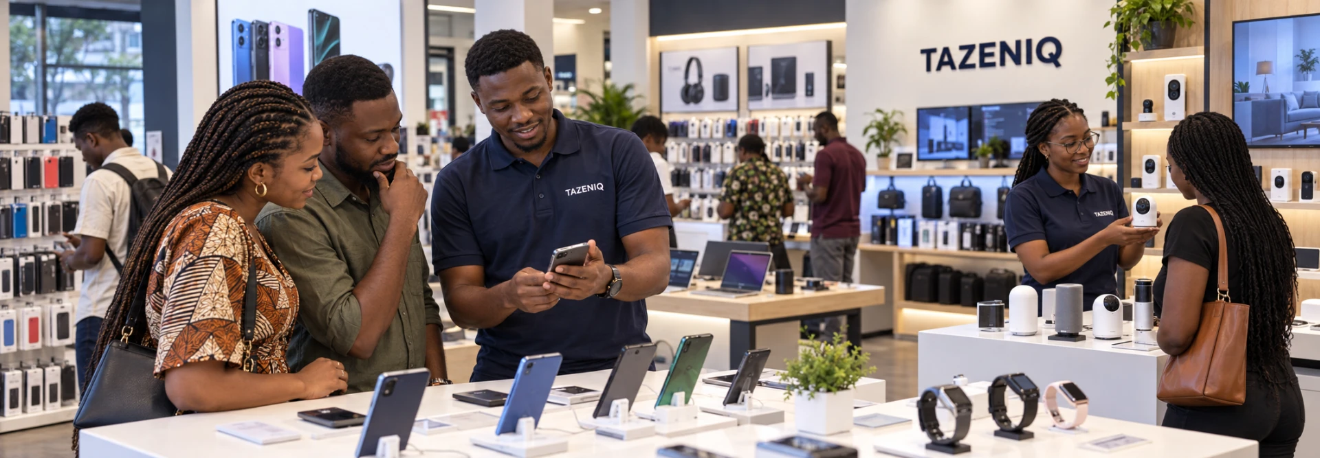 Tazeniq staff helping customers compare phones and smart devices in a Tazeniq showroom